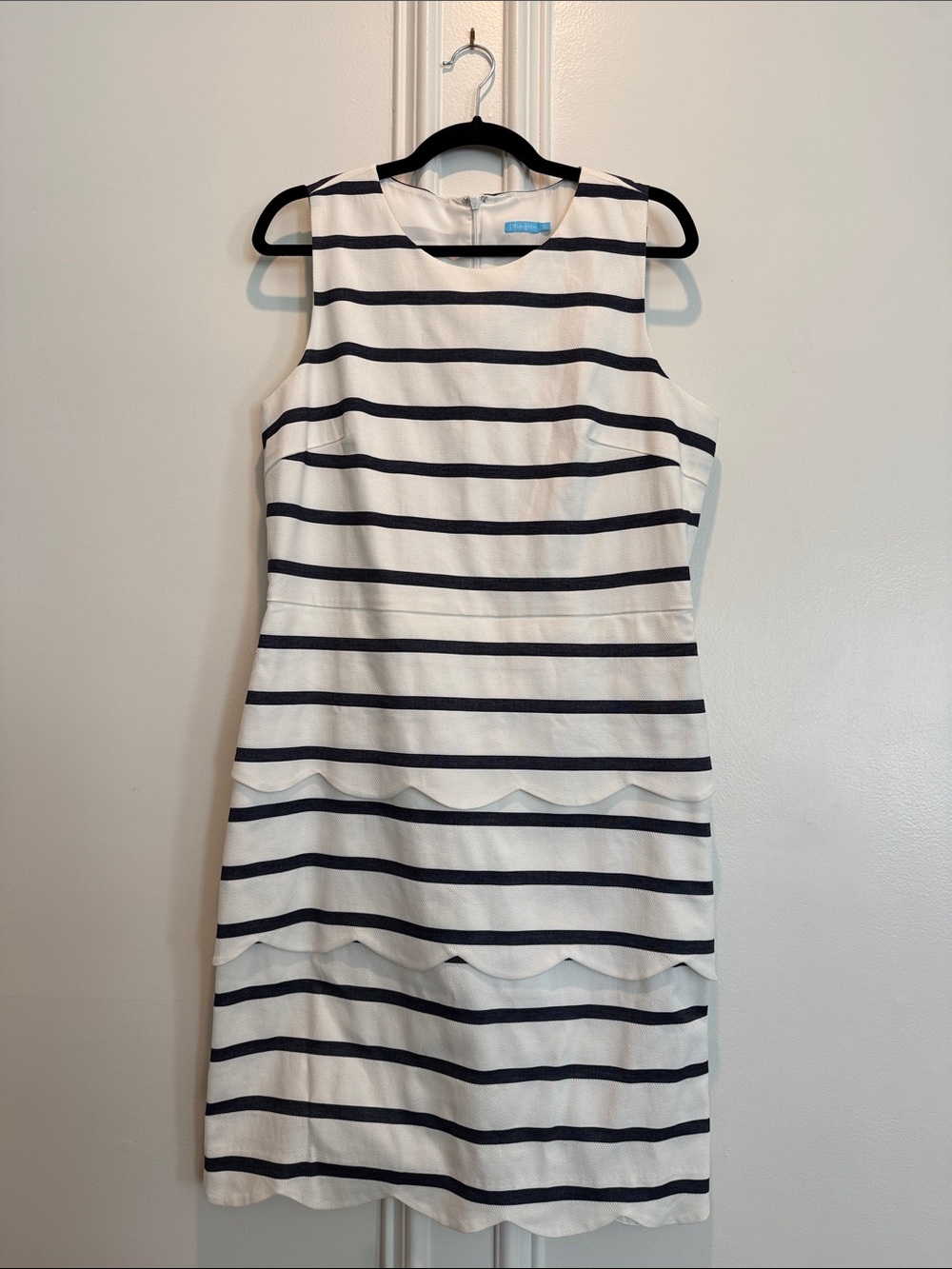 J. McLaughlin Cream and Navy Striped Sleeveless Scalloped Dress